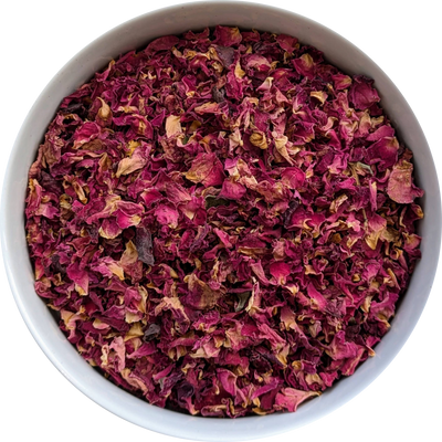 Dried red rose petals — deep crimson floral botanical suitable for tea, ritual craft, and decorative use