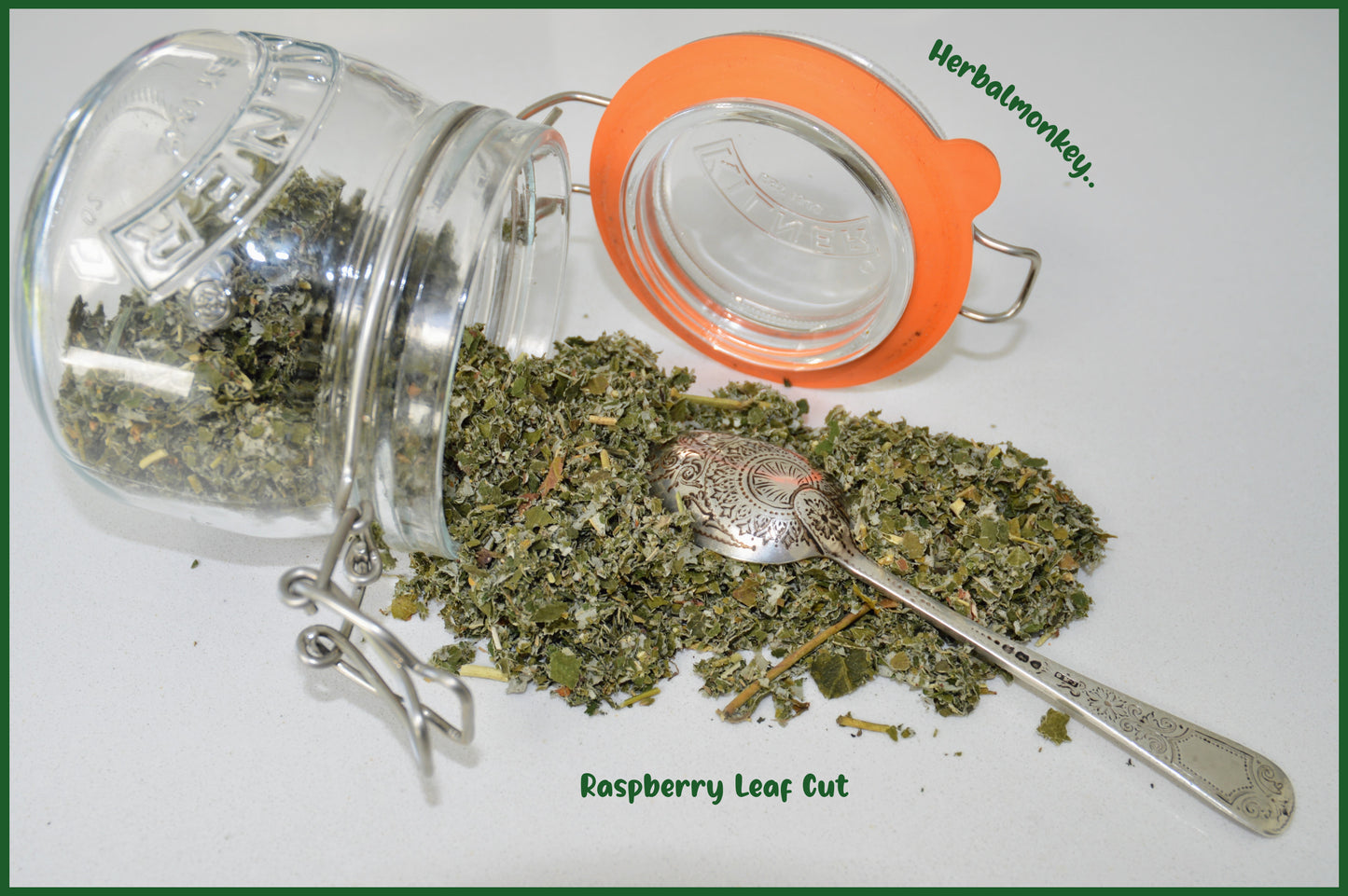 Cut dried Raspberry Leaf — soft green botanical suitable for tea, ritual craft, and traditional use Herbal Monkey