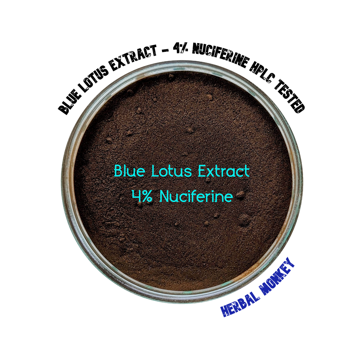 Blue Lotus Flower Extract 4% Nuciferine HPLC tested – fine dark-brown powder in a glass jar, Herbal Monkey Herbal Monkey