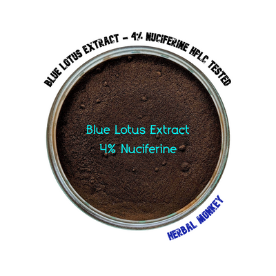 Blue Lotus Flower Extract 4% Nuciferine HPLC tested – fine dark-brown powder in a glass jar, Herbal Monkey