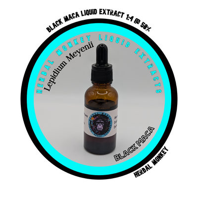 Black Maca Liquid Extract 1:4 50% in amber glass dropper bottle