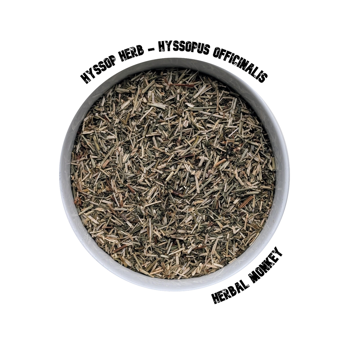 Dried Hyssop herb (Hyssopus officinalis) cut leaf and flowering tops in a white bowl for loose herbal tea – Herbal Monkey