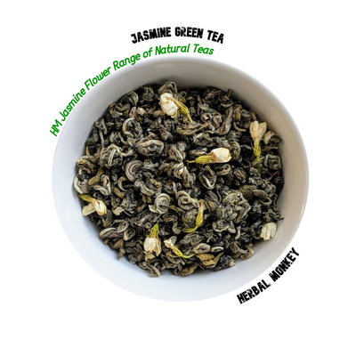 Loose jasmine flower green tea — dried jasmine blossoms blended with fragrant green tea leaves