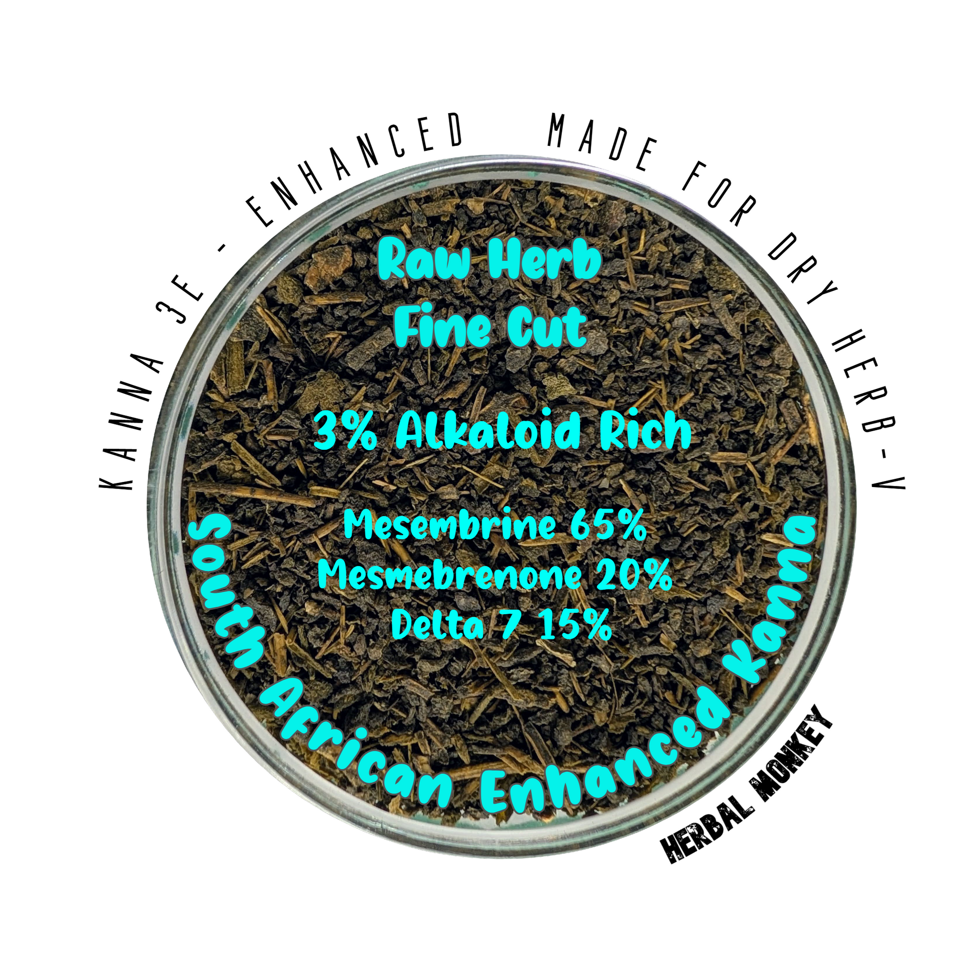 Fine‑cut Kanna 3‑E enhanced raw herb displayed as a ceremonial botanical with a 3% alkaloid profile Herbal Monkey