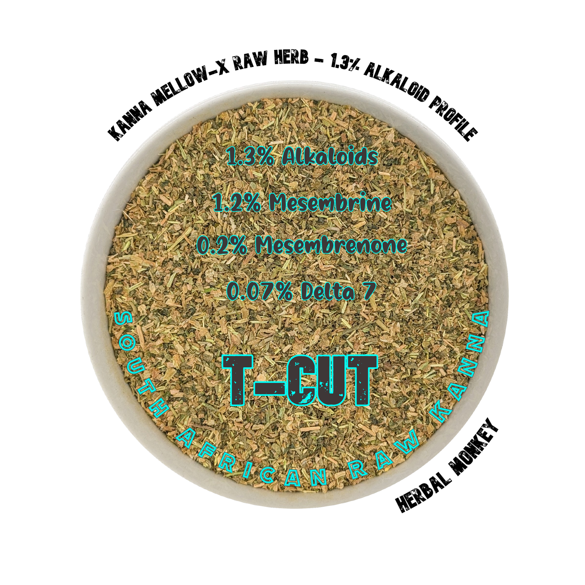 Kanna Elevate‑X fine T‑cut raw South African herb displayed as a ceremonial botanical with natural earthy texture and ethnobotanical character Herbal Monkey
