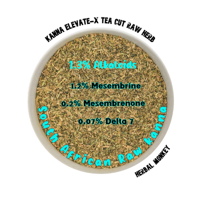 Kanna Elevate‑X fine T‑cut raw South African herb displayed as a ceremonial botanical with natural earthy texture and ethnobotanical character