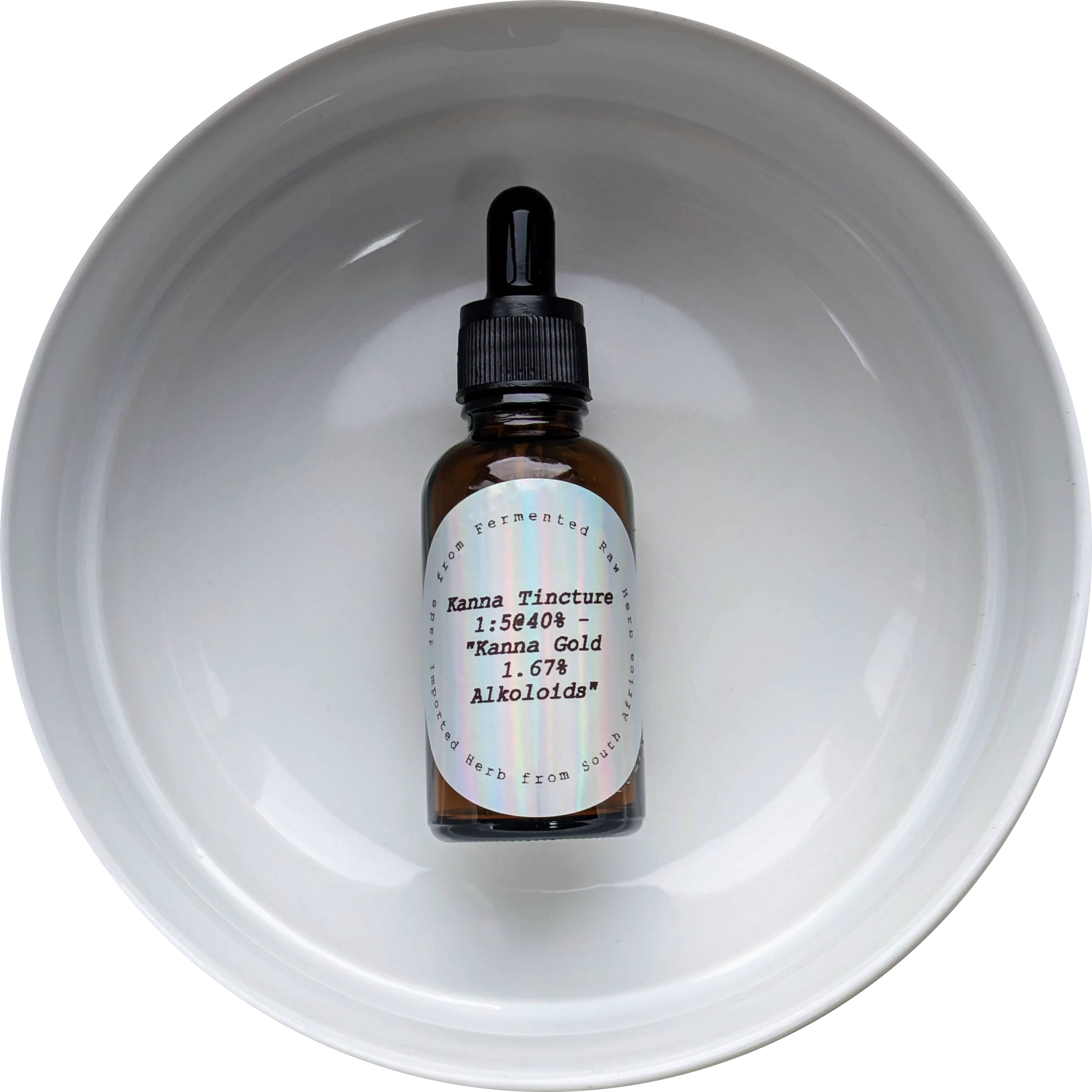 Kanna Gold Tincture – 1:5 extract of fermented Sceletium tortuosum with 1.67% alkaloids and 78% mesembrine, in amber glass bottle