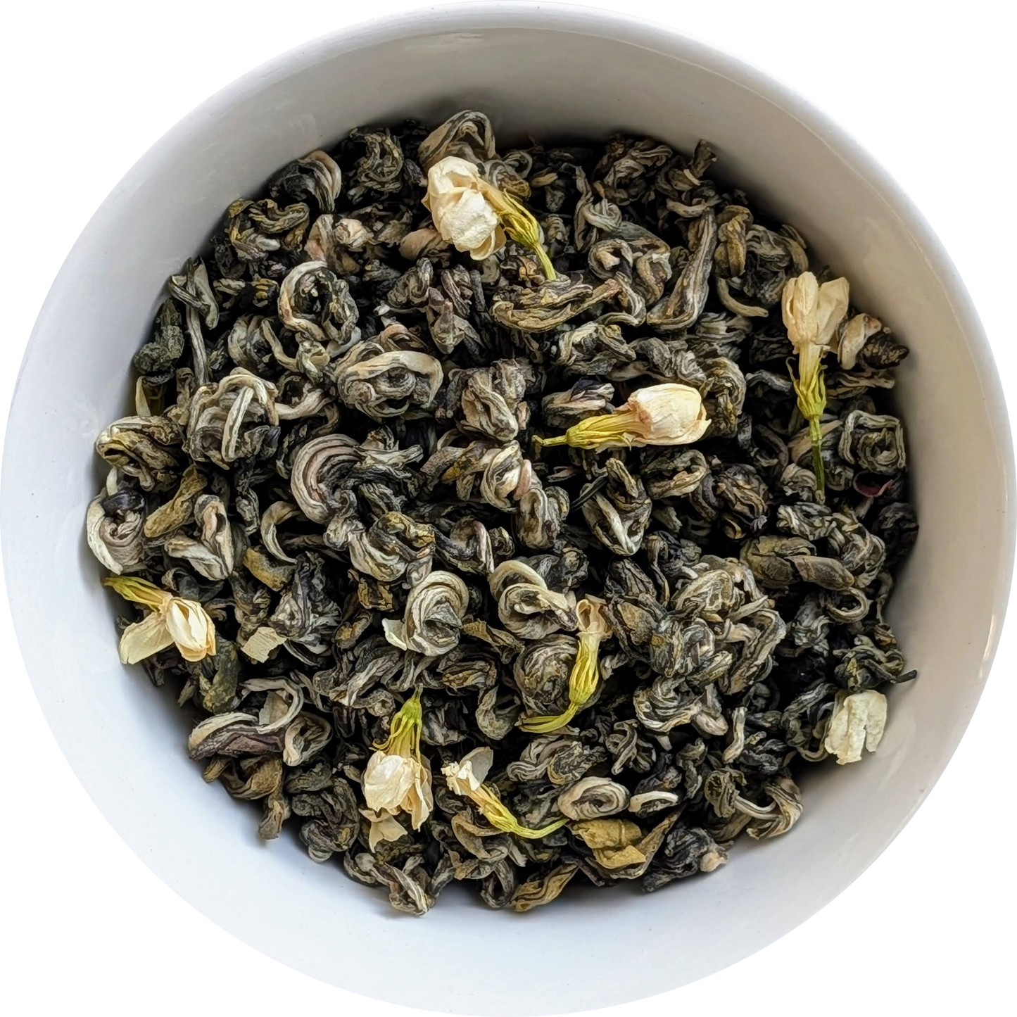 Loose jasmine flower green tea — dried jasmine blossoms blended with fragrant green tea leaves Herbal Monkey