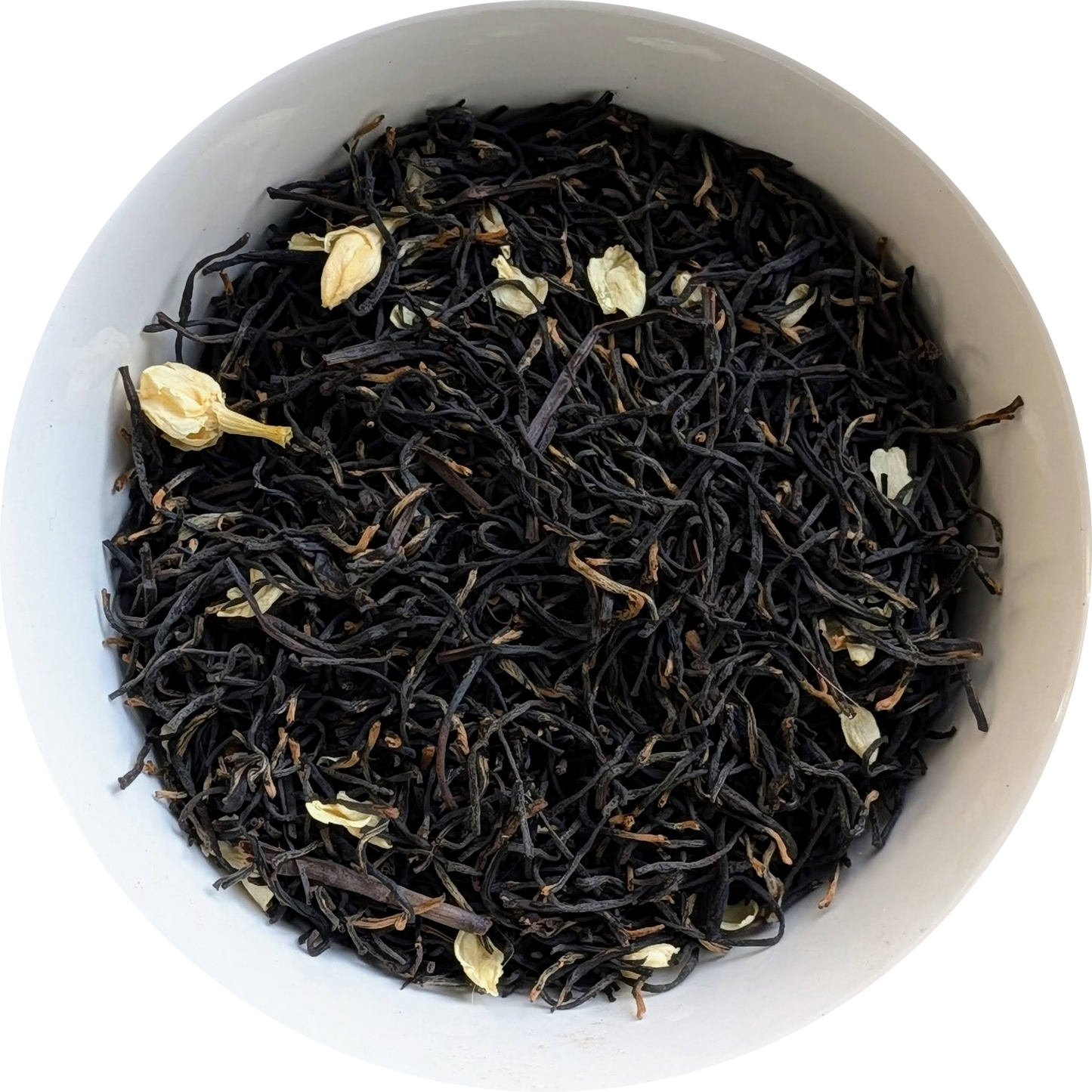 Loose jasmine flower black tea — dried jasmine blossoms blended with rich Chinese black tea leaves Herbal Monkey