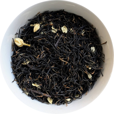 Loose jasmine flower black tea — dried jasmine blossoms blended with rich Chinese black tea leaves