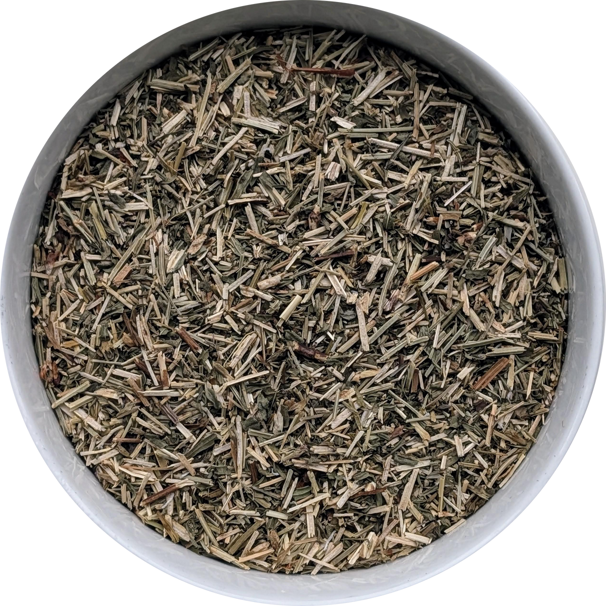 Close-up of dried cut Hyssop herb showing fine green-grey leaf and stem pieces for Hyssop tea