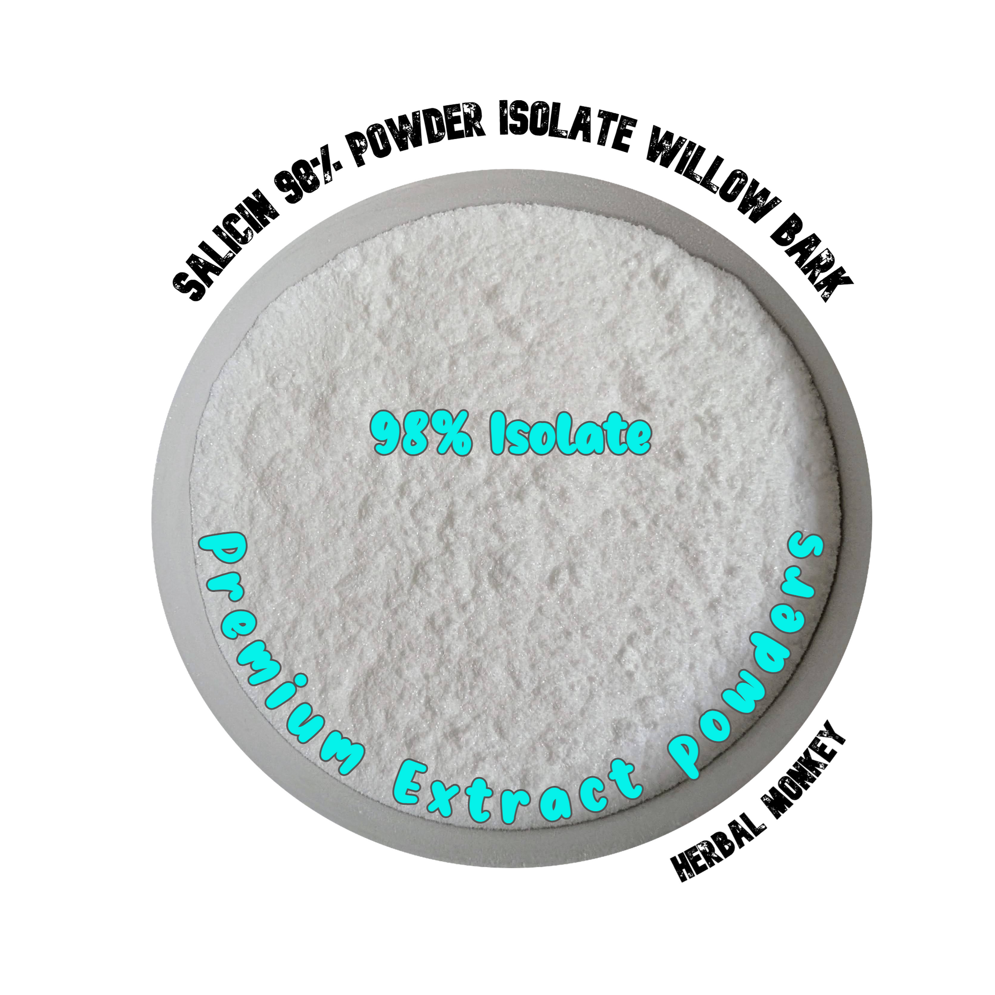 Fine white salicin 98% powder displayed as a high‑purity willow bark extract suitable for cosmetic formulation, laboratory research, and non‑consumptive botanical applications. Herbal Monkey