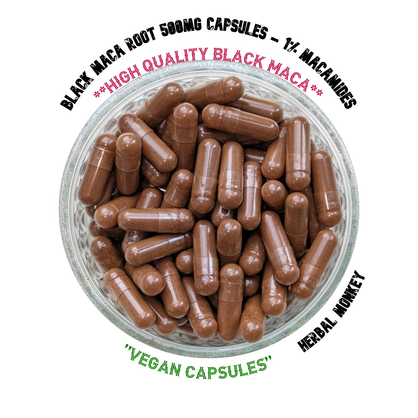 Black Maca Root 500mg Capsules – High-strength dietary supplement standardized to 1% macamides for energy, mood, and cognitive support; plant-based adaptogen from Peru