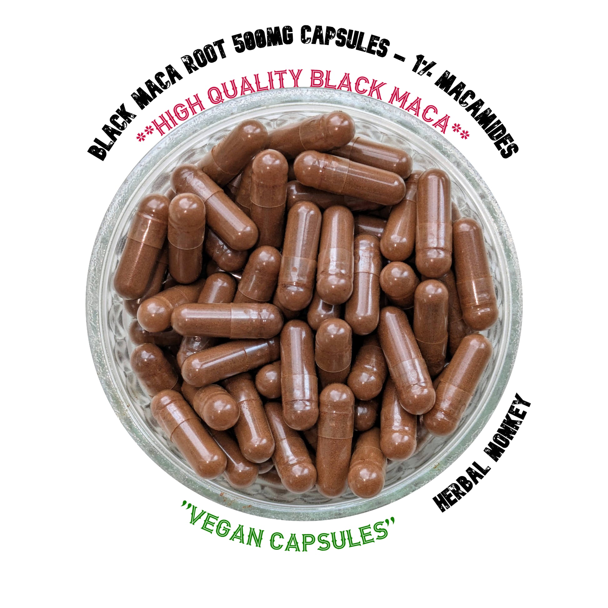 Black Maca Root 500mg Capsules – High-strength dietary supplement standardized to 1% macamides for energy, mood, and cognitive support; plant-based adaptogen from Peru