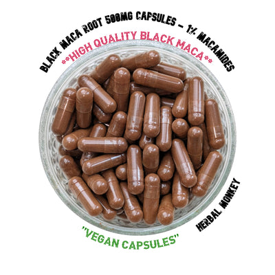 Black Maca Root 500mg Capsules – High-strength dietary supplement standardized to 1% macamides for energy, mood, and cognitive support; plant-based adaptogen from Peru