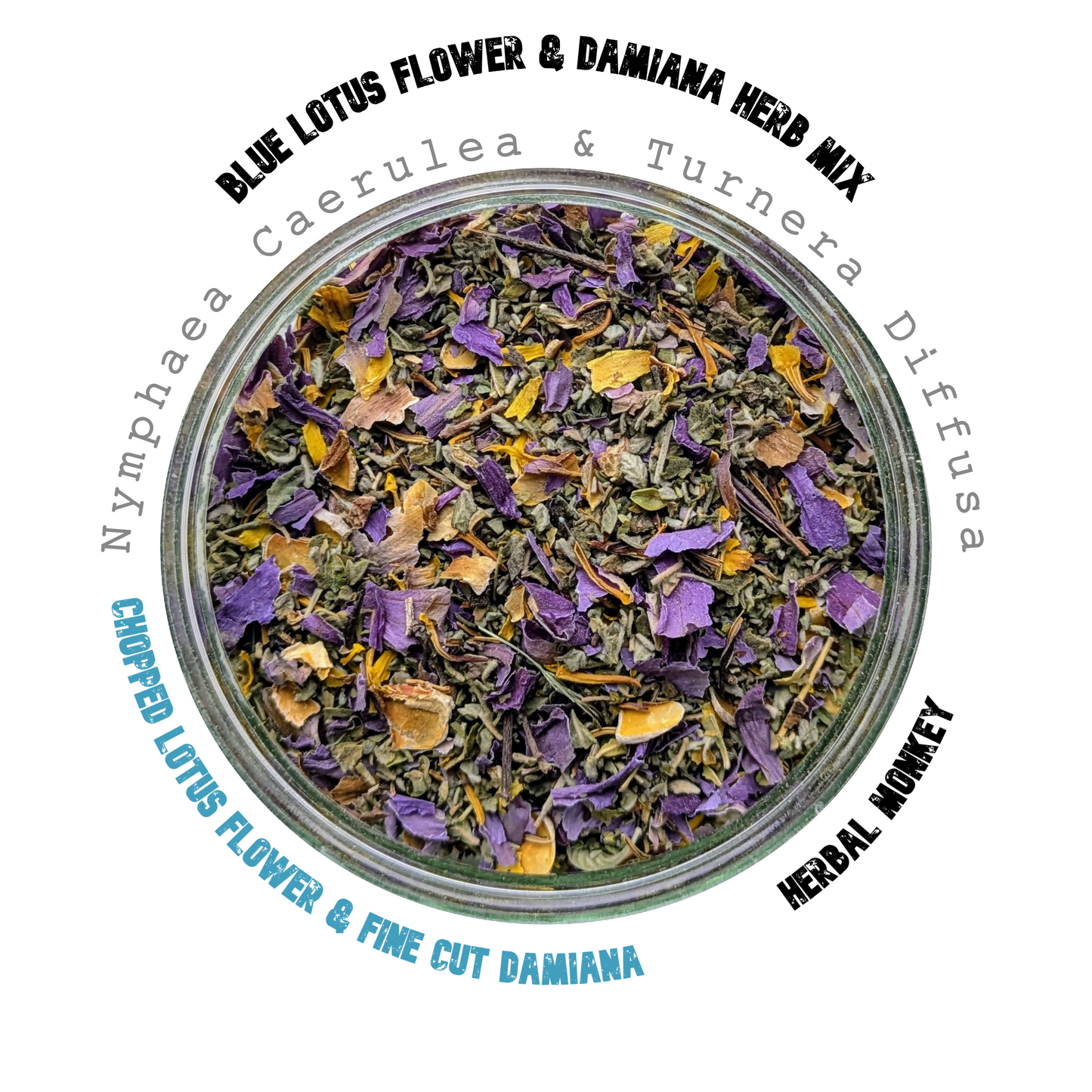 Blue Lotus and Damiana Herb Mix – fine-cut blend of Nymphaea caerulea and Turnera diffusa, ethically sourced for ritual and energetic use