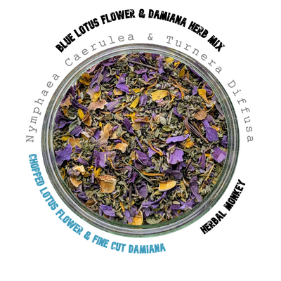 Blue Lotus and Damiana Herb Mix – fine-cut blend of Nymphaea caerulea and Turnera diffusa, ethically sourced for ritual and energetic use
