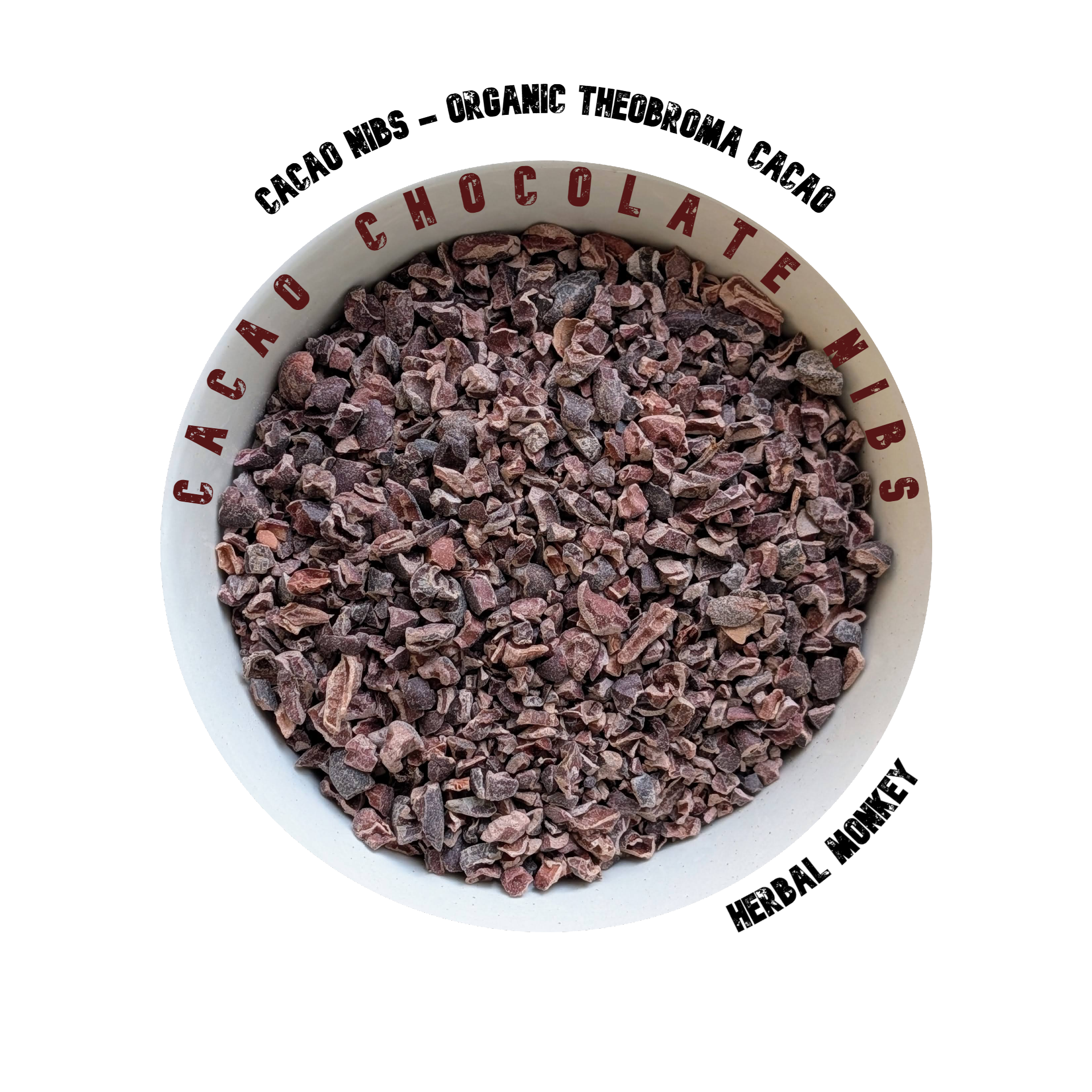 Dark, roasted cacao nibs in a bowl, showing their natural texture and chocolate‑rich appearance Herbal Monkey