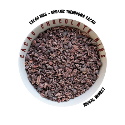 Dark, roasted cacao nibs in a bowl, showing their natural texture and chocolate‑rich appearance