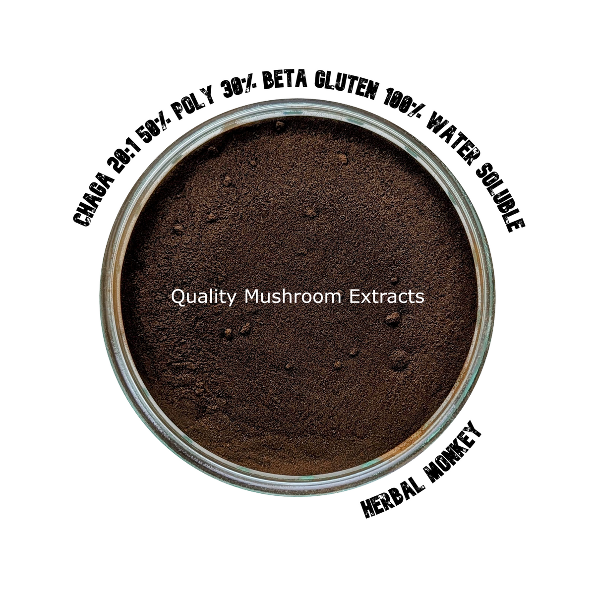 Glass dish of dark brown Chaga mushroom 20:1 extract powder, 50% polysaccharide, 30% beta-glucan, 100% water soluble – Herbal Monkey