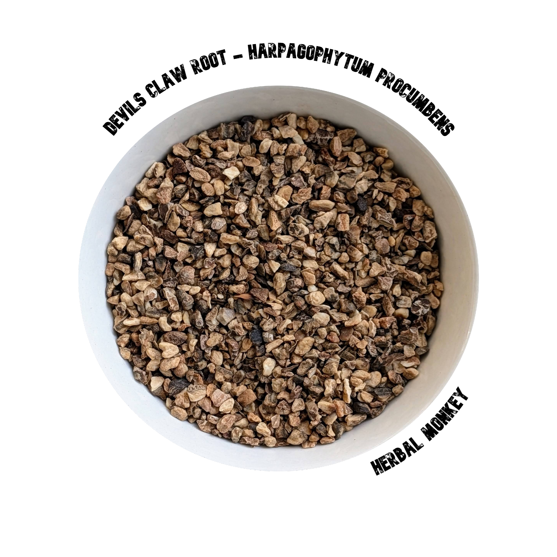 Dried Devil’s Claw Root slices with a rugged, earthy appearance, suitable for teas and traditional preparations Herbal Monkey