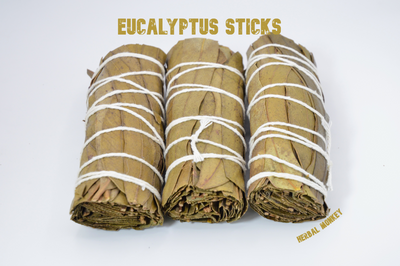 Close-up of three hand-tied Eucalyptus smudge sticks on a white background