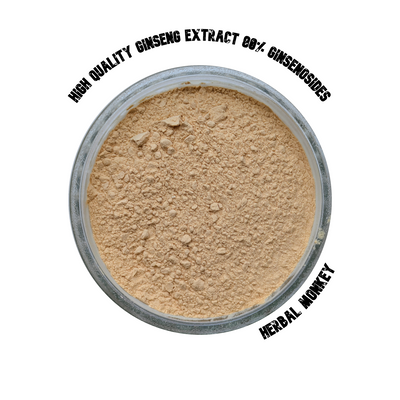 Ginseng Extract Powder – 80% Ginsenosides; high-potency Panax ginseng root extract with adaptogenic triterpene saponins for vitality, stress balance, and antioxidant support.