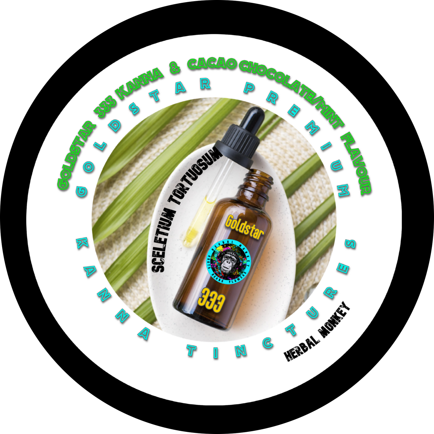 Green glass tincture bottle of Kanna Goldstar 333 Mint Choc dual‑extracted glycohol tincture with cacao and peppermint infusion Herbal Monkey