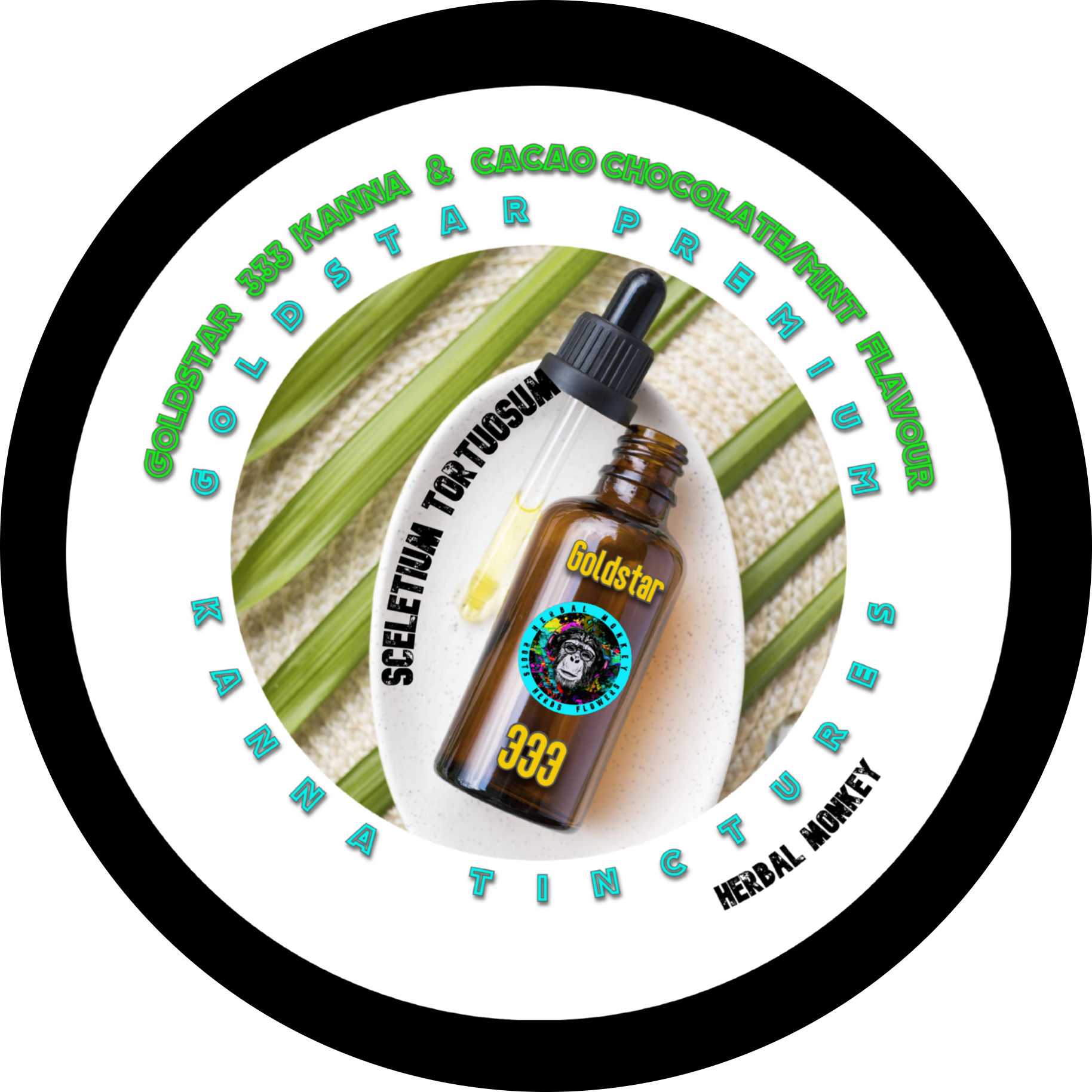 Green glass tincture bottle of Kanna Goldstar 333 Mint Choc dual‑extracted glycohol tincture with cacao and peppermint infusion Herbal Monkey