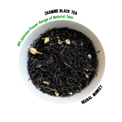 Loose jasmine flower black tea — dried jasmine blossoms blended with rich Chinese black tea leaves