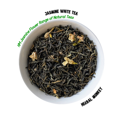 Loose jasmine flower white tea — dried jasmine blossoms blended with delicate white tea leaves