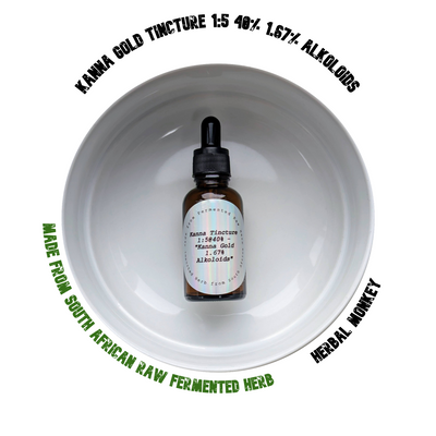 Kanna Gold Tincture – 1:5 extract of fermented Sceletium tortuosum with 1.67% alkaloids and 78% mesembrine, in amber glass bottle