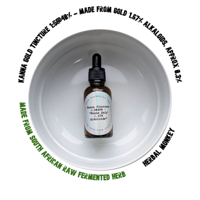 Kanna Gold Tincture – 1:5 extract of fermented Sceletium tortuosum with 1.67% alkaloids and 78% mesembrine, in amber glass bottle