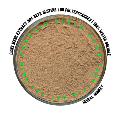 Organic Lion’s Mane Mushroom Extract powder — fruiting‑body derived, 30% beta‑glucans, 50% polysaccharides, fully water‑soluble