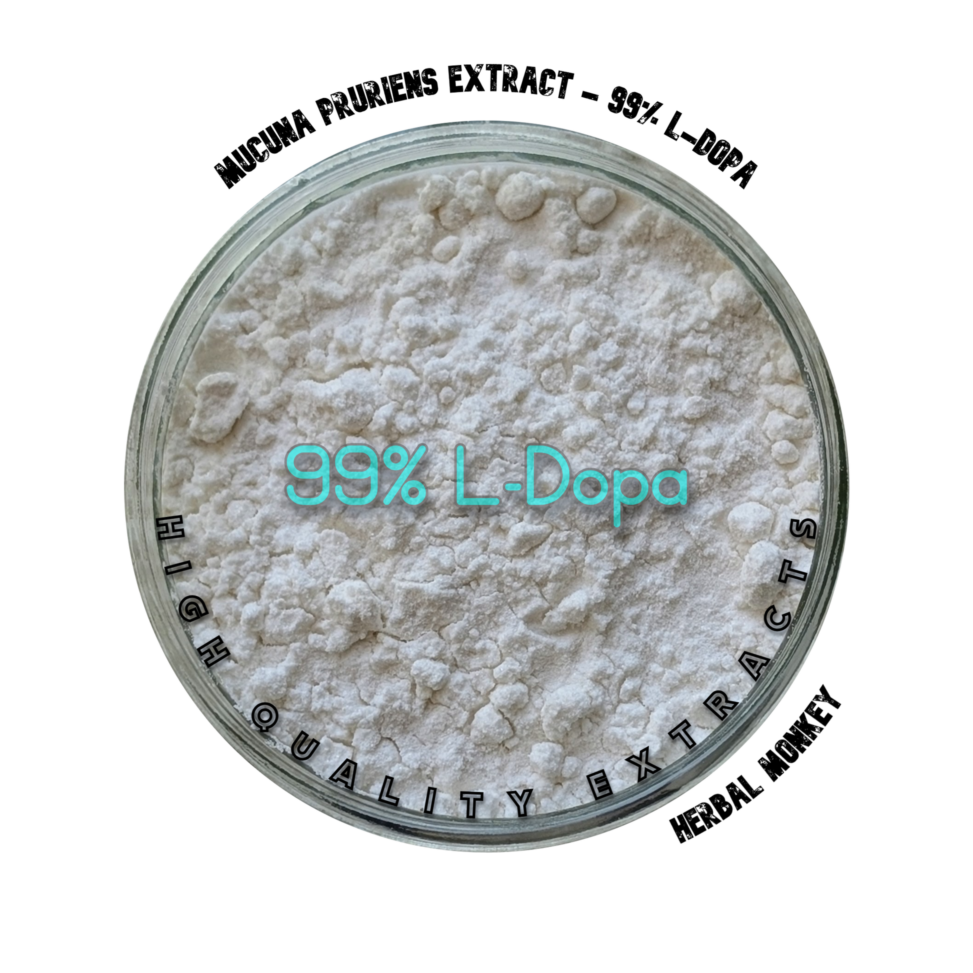 HPLC‑tested Mucuna Pruriens L‑DOPA 99% extract powder in a pouch, suitable for consumption and botanical craft Herbal Monkey