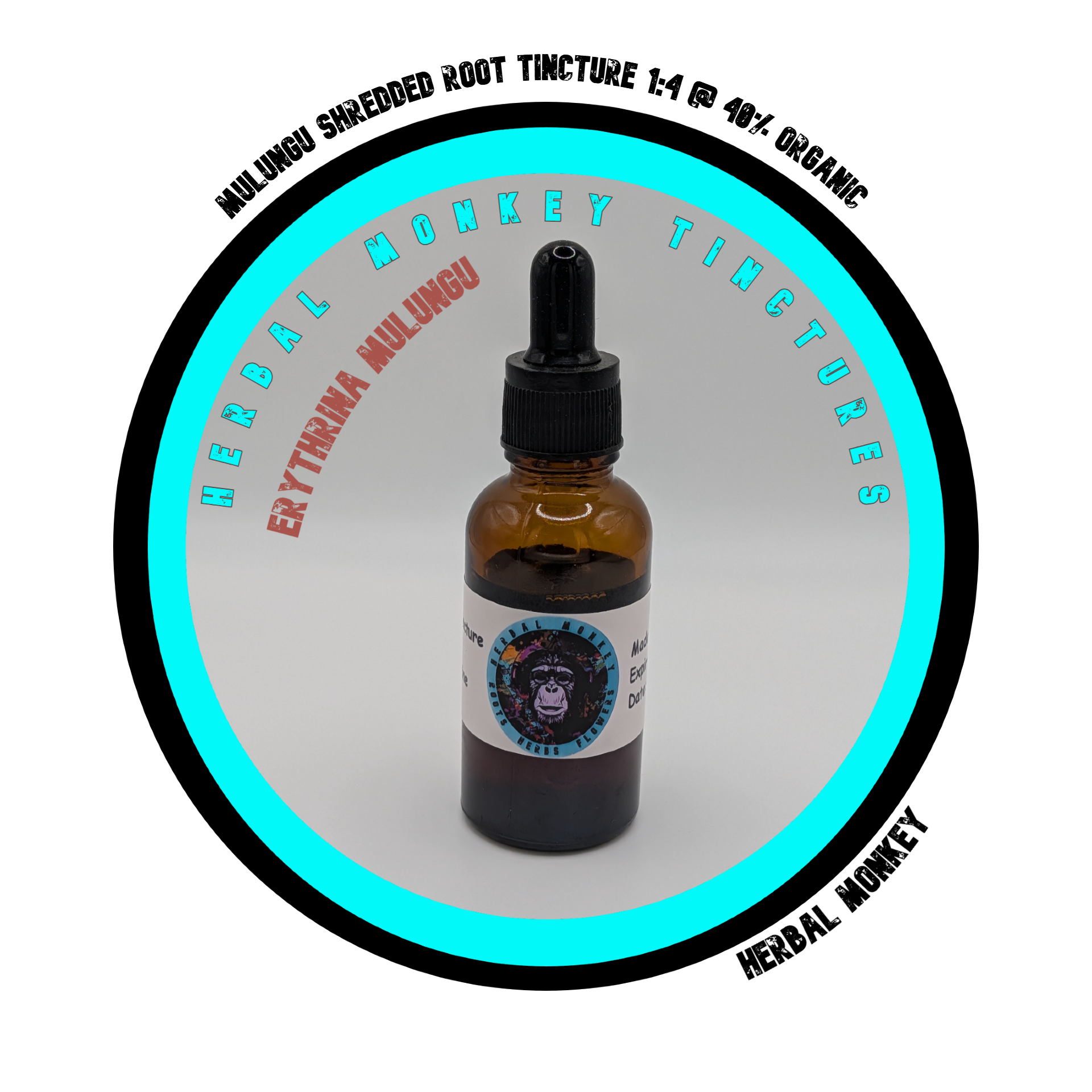 Amber bottle of Mulungu Shredded Root Tincture 1:4 @ 40%, Erythrina mulungu, displayed with dried root material Herbal Monkey