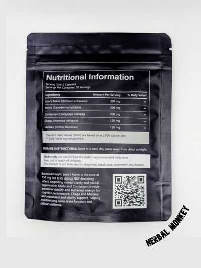 Herbal Monkey 5 Mushroom Superfood Capsules – 60-count resealable bag, back