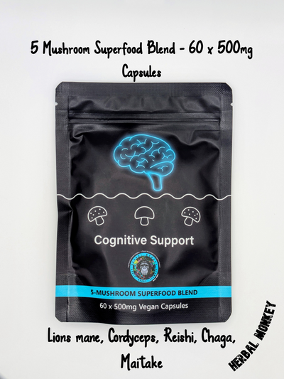 Herbal Monkey 5 Mushroom Superfood Capsules – 60-count resealable bag, 1000mg daily dose, vegan-friendly, non-medical wellness support