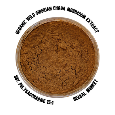 Chaga Mushroom Extract Powder – 30% Polysaccharides, 15:1 Dual Extract; wild-harvested Inonotus obliquus for immune support, antioxidant protection, and cellular vitality.