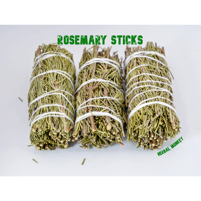 Three Rosemary smudge sticks made from dried rosemary sprigs, hand tied with white cotton string