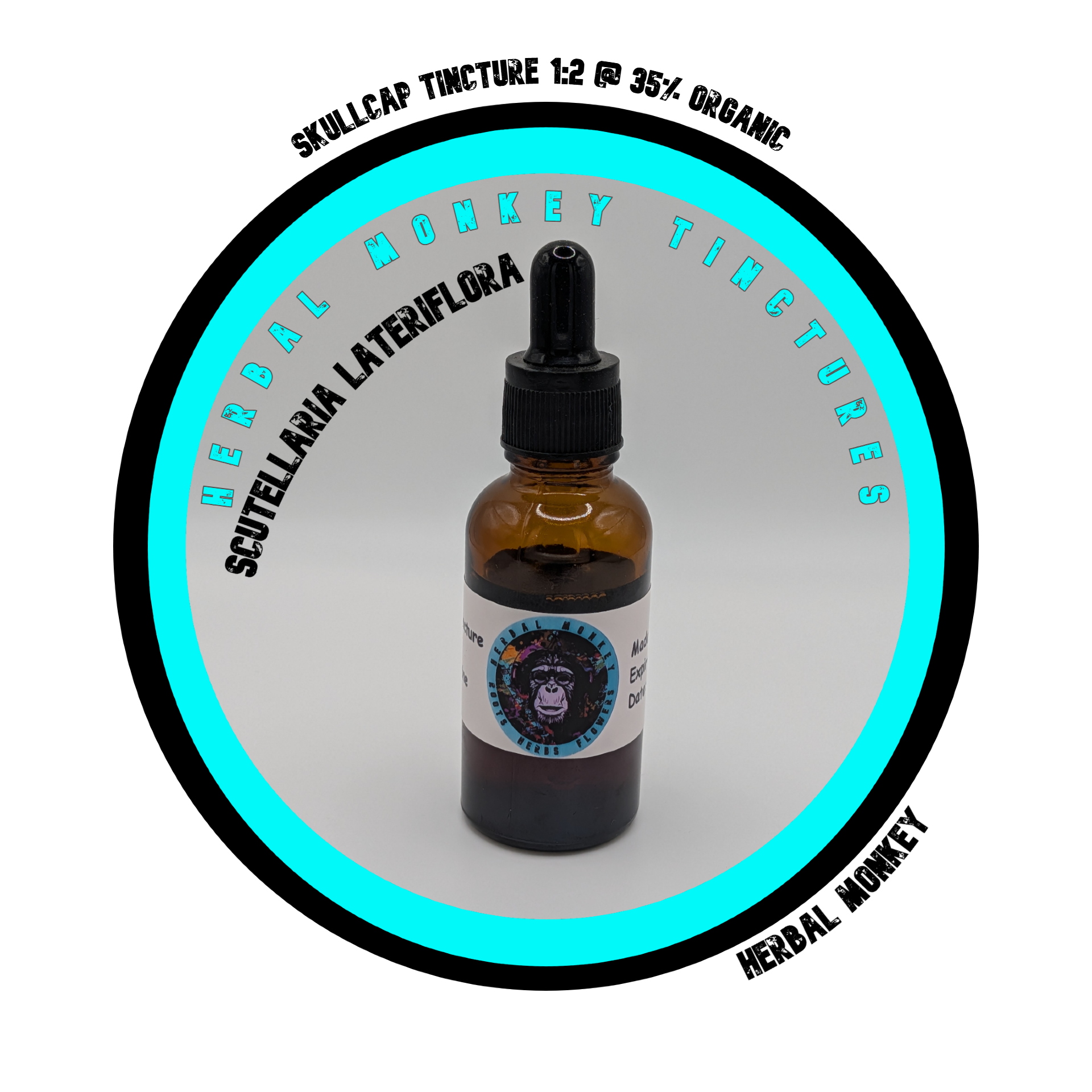 Organic Skullcap tincture in 30ml amber glass bottle for relaxation and wellness Herbal Monkey