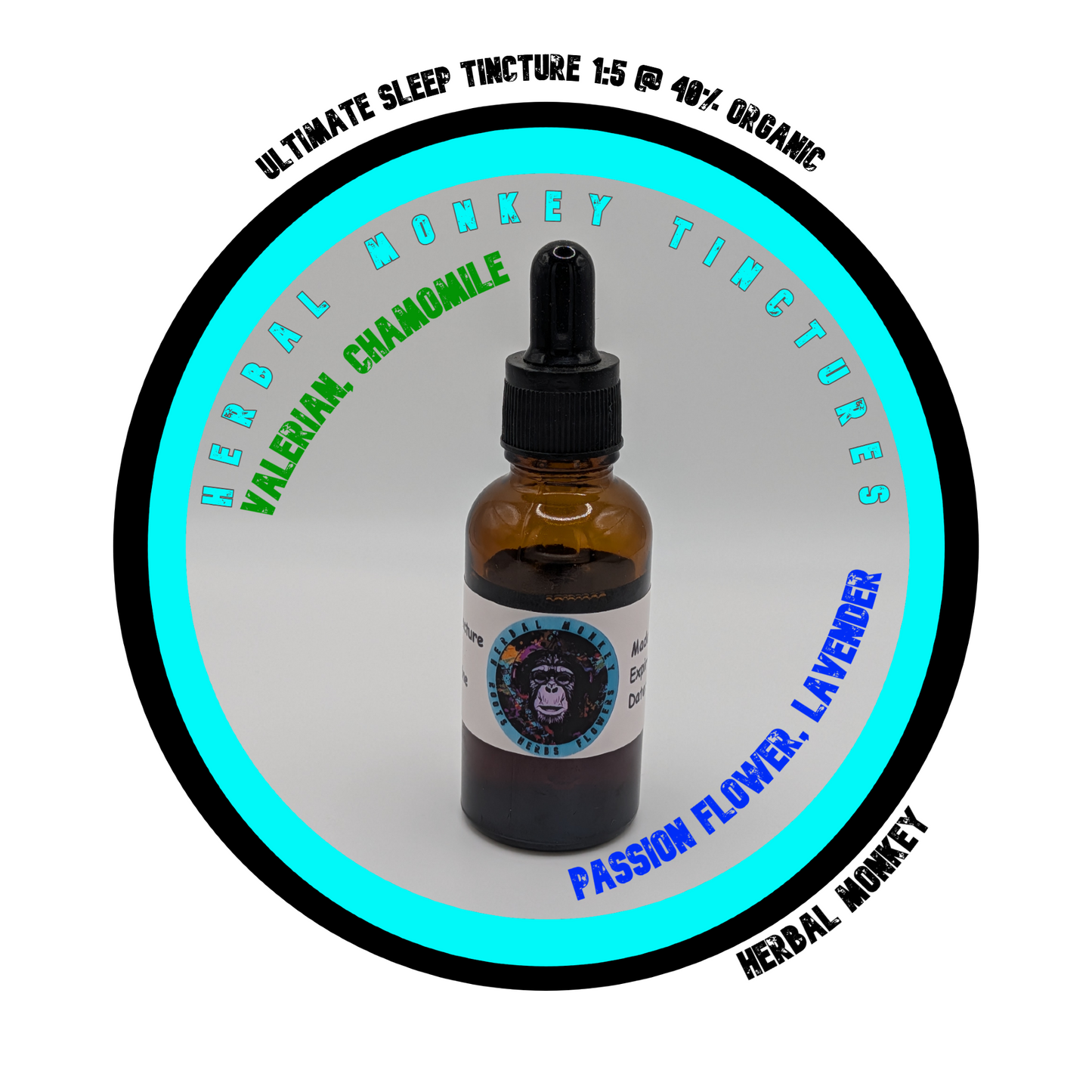 Amber bottle of Ultimate Sleep Tincture with Valerian Root, Passion Flower, Lavender, and Chamomile. Herbal Monkey