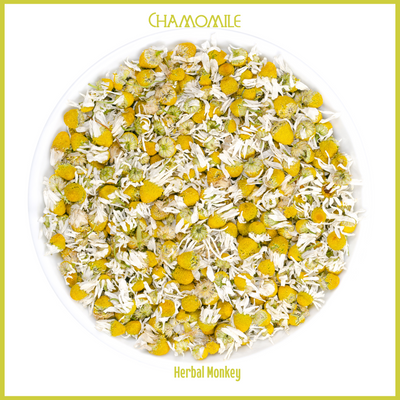 Whole dried Chamomile flowers for calming infusion and bedtime tea preparation