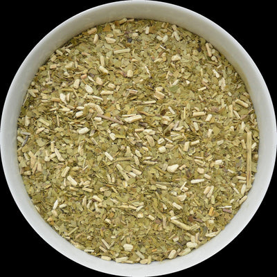 Dried Yerba Mate leaves and stems for herbal infusion and ceremonial tea preparation